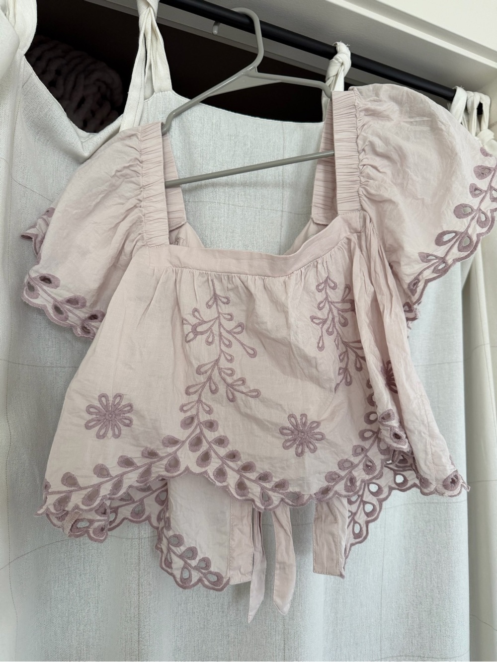 American Eagle Outfitters Pale Pink Embroidered Puff-Sleeve Crop Top